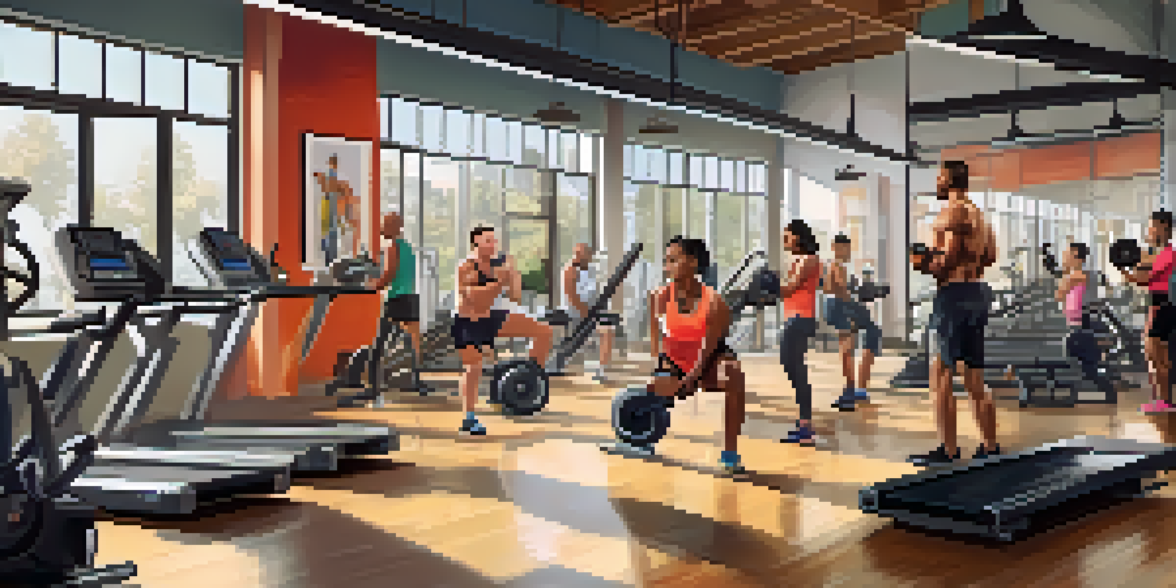 A diverse group of people exercising together in a bright and modern gym, showcasing different workouts like weightlifting and yoga.