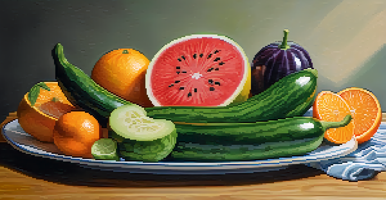 A colorful plate of fresh fruits and vegetables representing hydration and nutrition, with natural light highlighting their freshness.