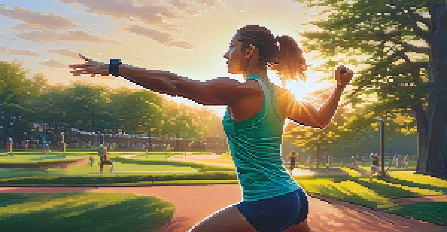 An athlete performing dynamic arm circles in a picturesque park during sunset, highlighting vibrant workout attire and fluid motion.
