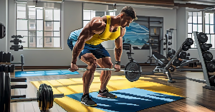 A bodybuilder lifting weights in a bright, inviting gym adorned with motivational posters, highlighting determination and strength.