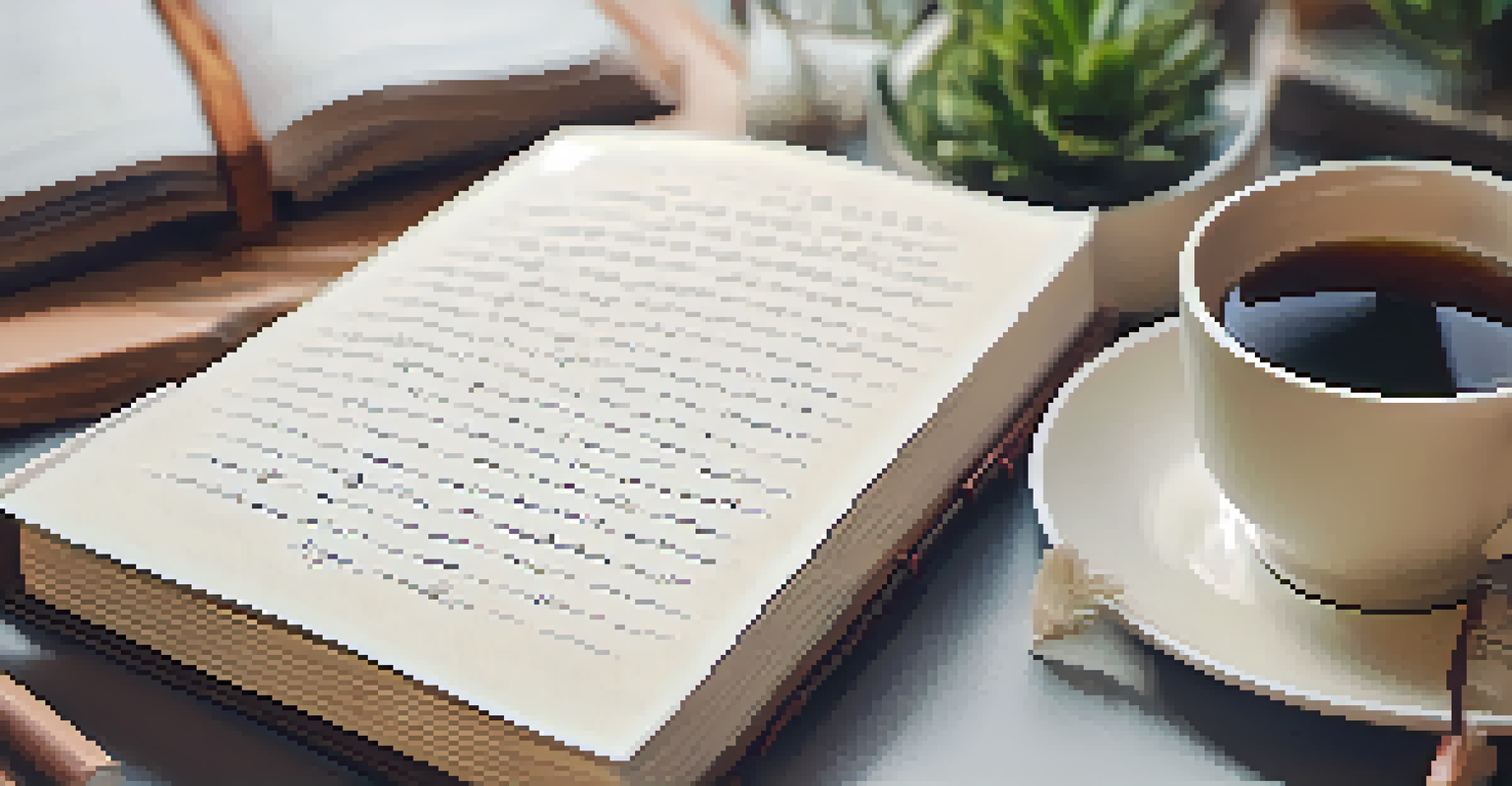A close-up of a hand writing in a leather-bound journal on a workspace with a cup of tea and a plant in the background, showcasing goals and motivation.