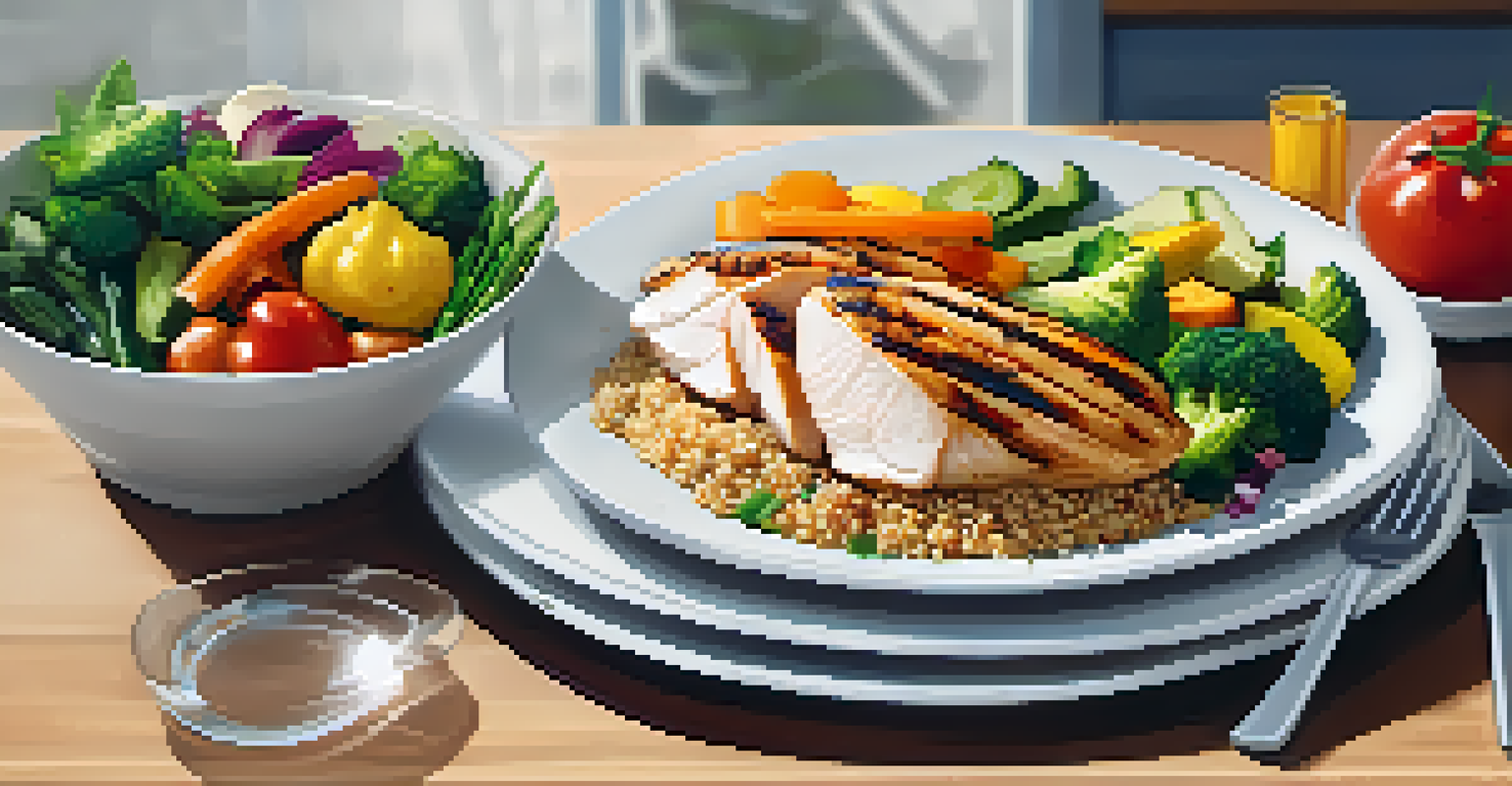 A close-up of a balanced meal for a calisthenics athlete, featuring grilled chicken, quinoa, and vegetables in a clean kitchen setting.