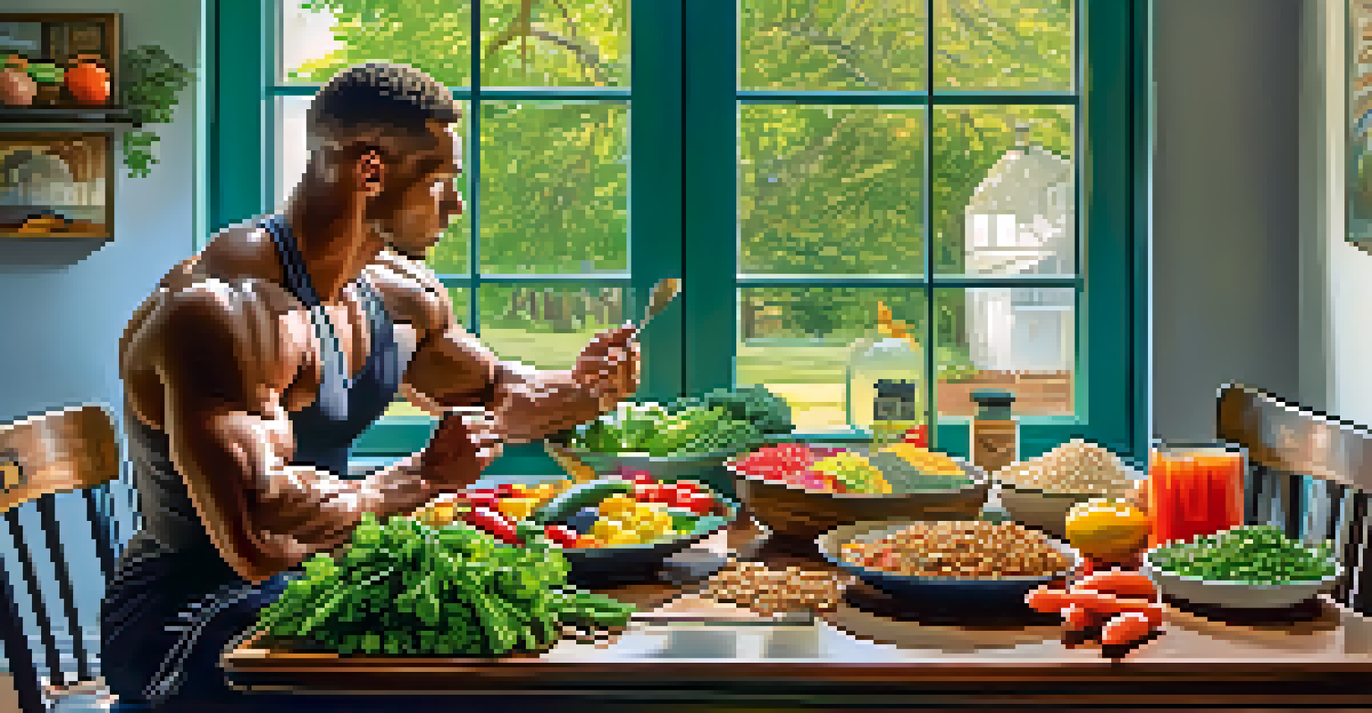 A bodybuilder sitting at a table with a colorful, nutritious meal, surrounded by fresh vegetables and natural light.