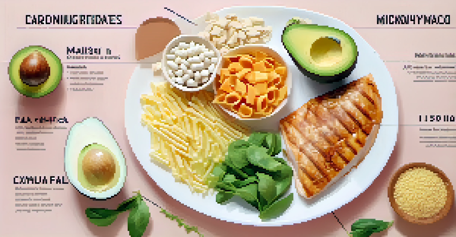 An infographic showing balanced macronutrients with images of food items.