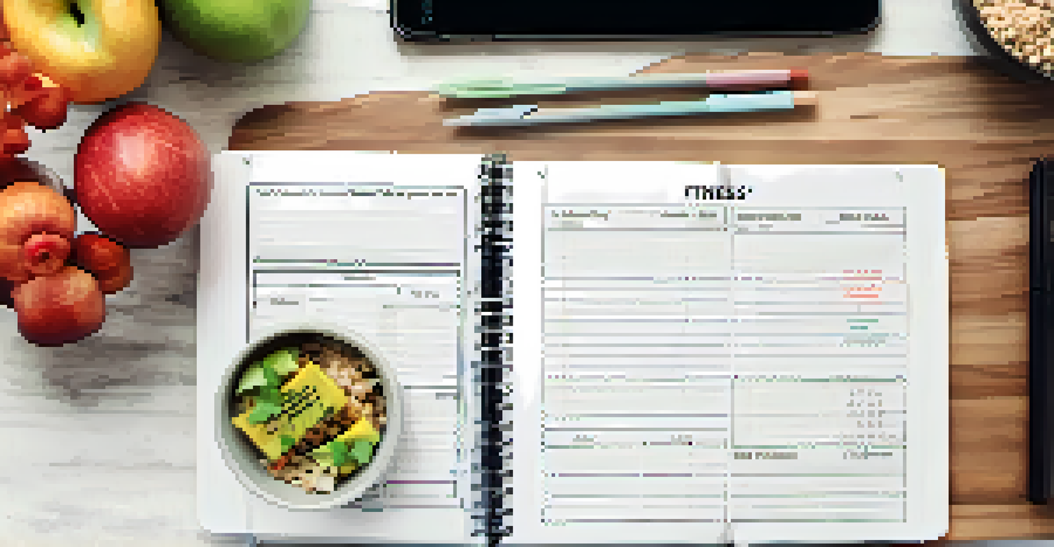 An open fitness journal with workout logs and a pen on a table, alongside a healthy meal prep container.