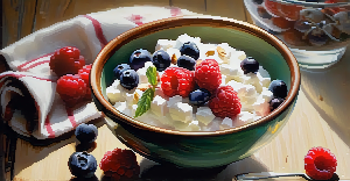 A bowl of cottage cheese topped with fresh berries and nuts, with a spoon beside it on a wooden table.