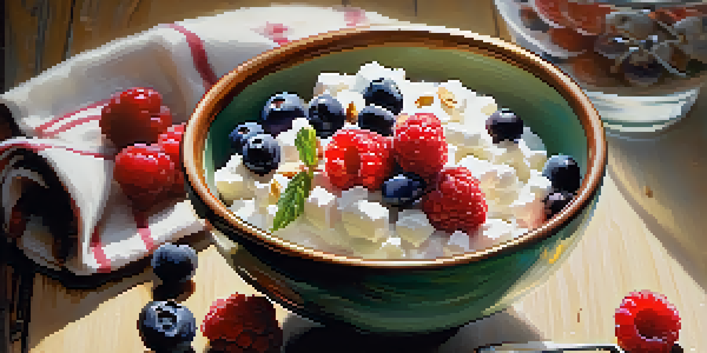 A bowl of cottage cheese topped with fresh berries and nuts, with a spoon beside it on a wooden table.