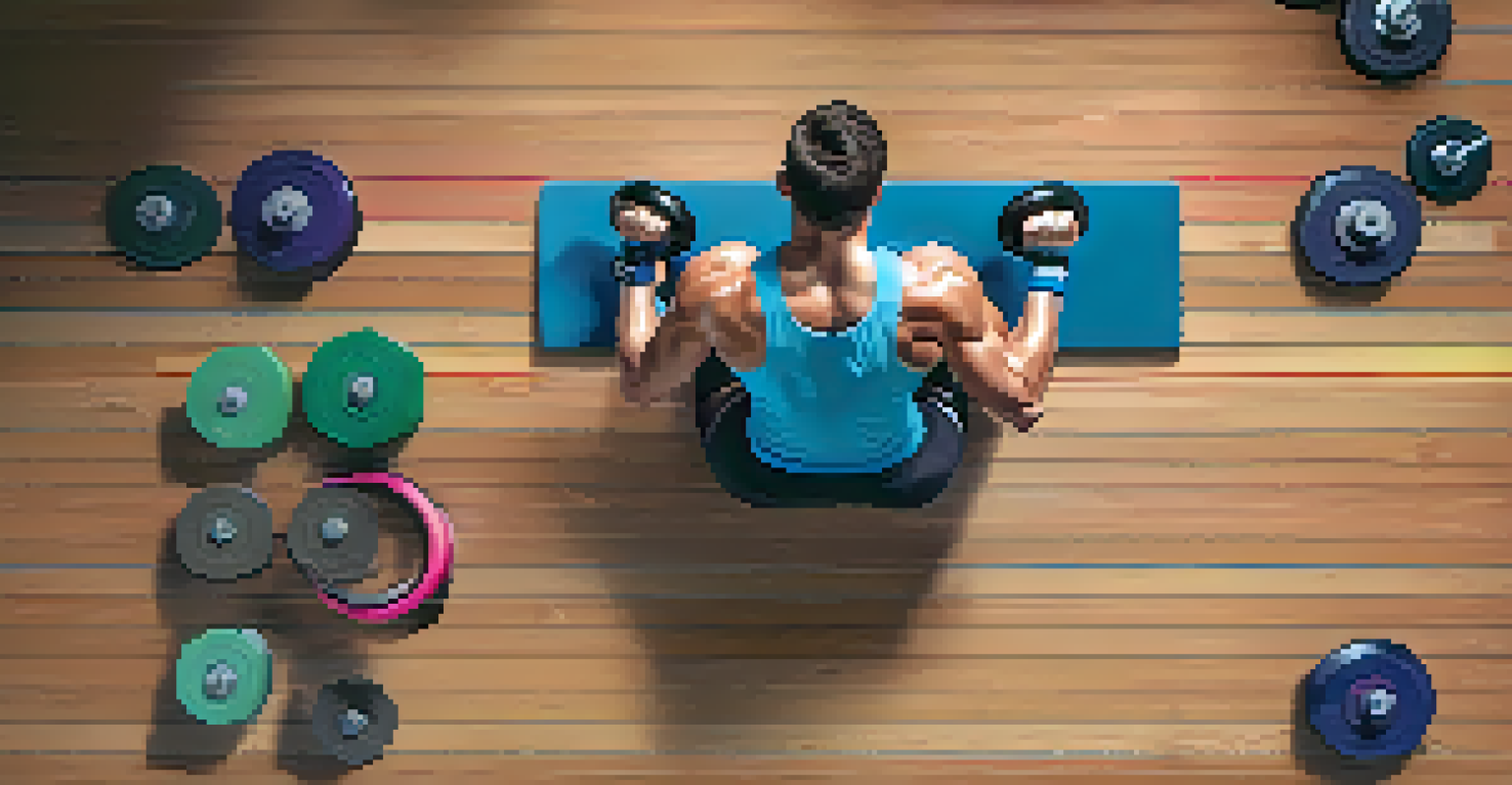 Overhead view of a person doing bicep curls and tricep dips in a gym, surrounded by kettlebells.