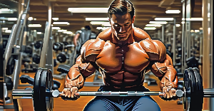 A bodybuilder lifting weights in a gym, with a determined expression and well-defined muscles under soft lighting.