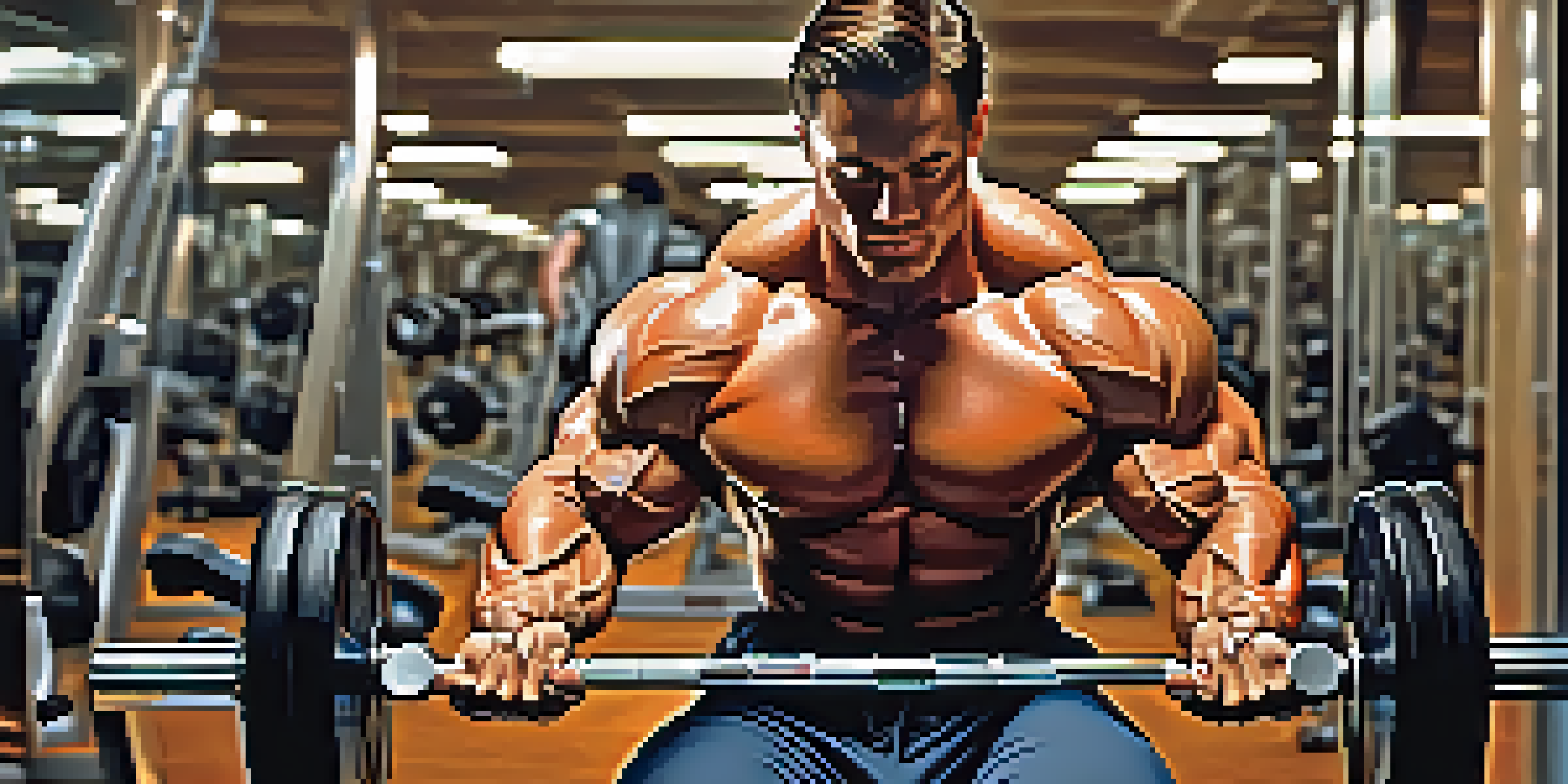 A bodybuilder lifting weights in a gym, with a determined expression and well-defined muscles under soft lighting.