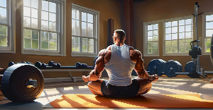 A bodybuilder in a calm gym environment, practicing mindfulness before a workout, with weights in the background and soft lighting.