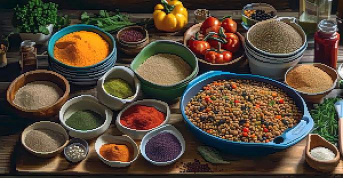 A kitchen table displaying colorful vegetarian meal prep containers filled with quinoa, roasted vegetables, and beans, surrounded by spices and herbs.
