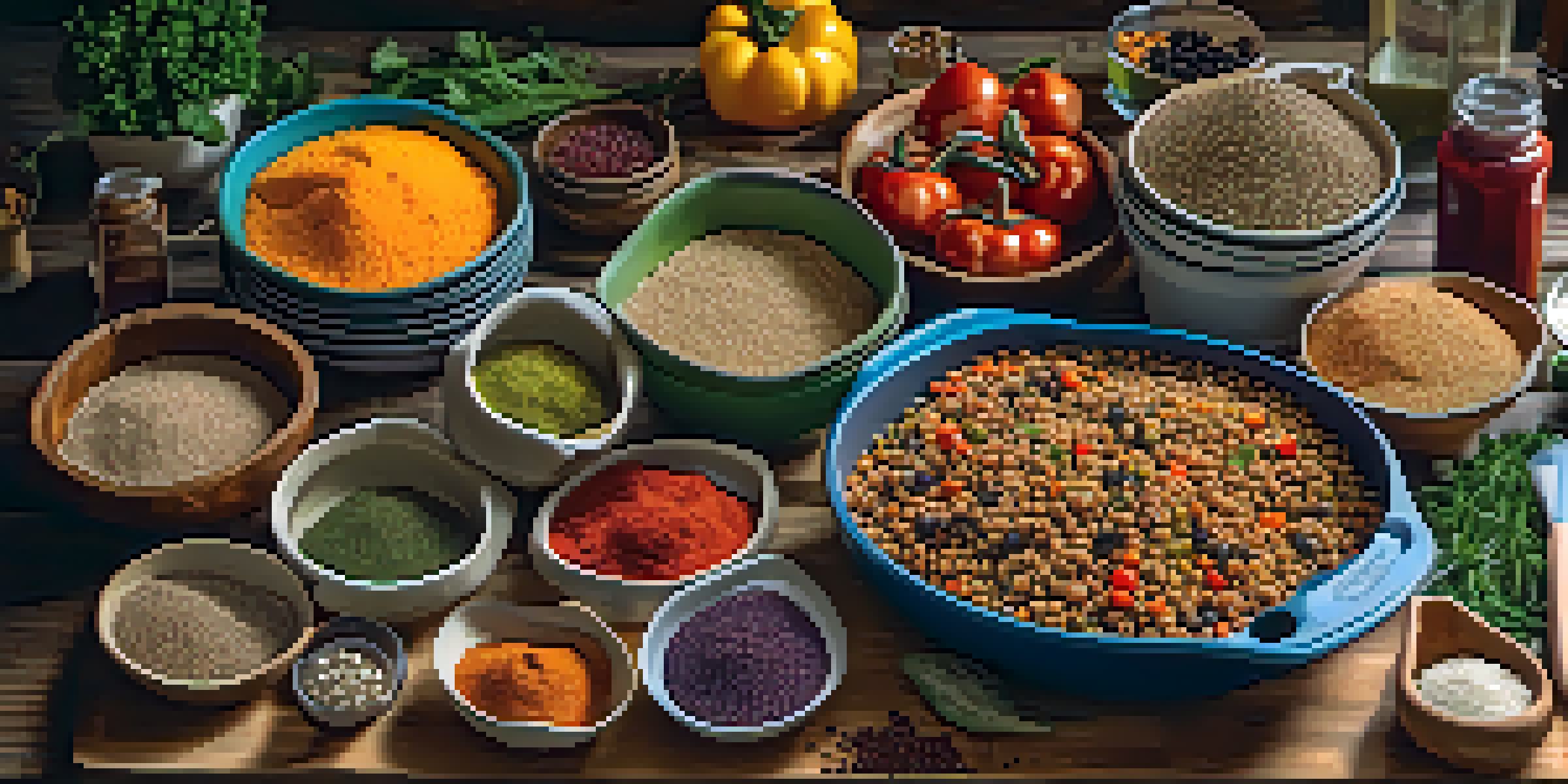 A kitchen table displaying colorful vegetarian meal prep containers filled with quinoa, roasted vegetables, and beans, surrounded by spices and herbs.