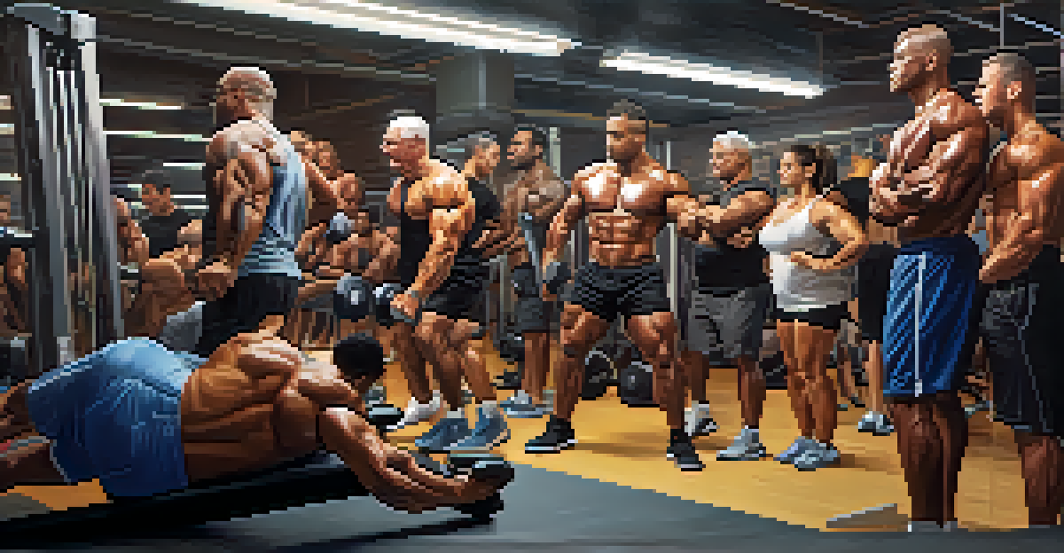 A diverse group of bodybuilders working out together in a bright gym, surrounded by motivational posters, showcasing support and accountability in fitness.