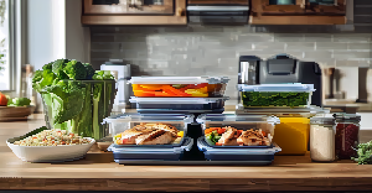 A kitchen counter with healthy meal prep containers filled with grilled chicken, quinoa, and vegetables, alongside a notebook.