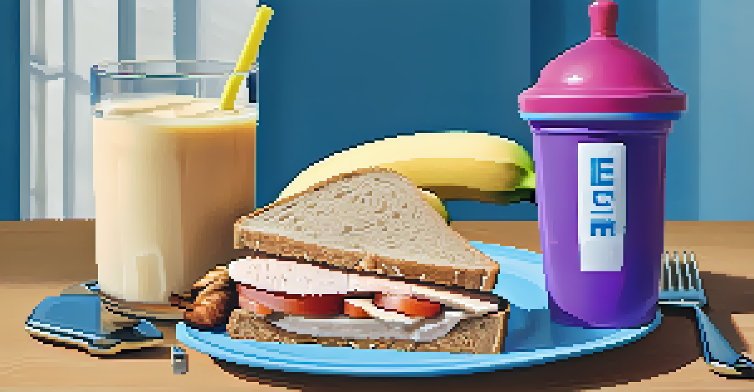 A recovery meal featuring a protein shake, banana, and turkey sandwich on a plate, set against a gym background.