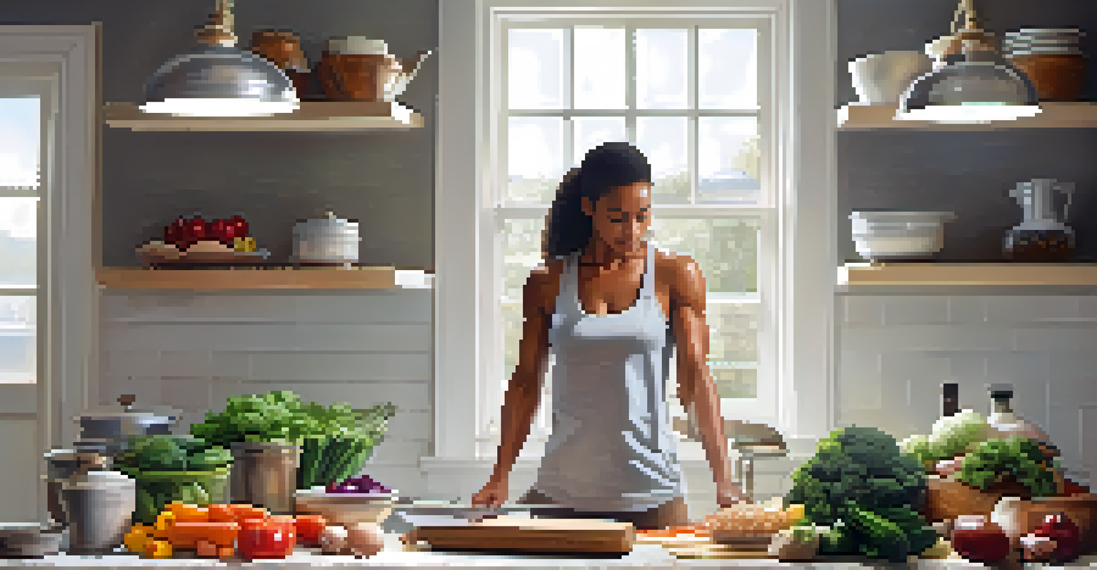 A natural bodybuilder preparing a healthy meal in a bright kitchen, surrounded by fresh vegetables and lean meats.