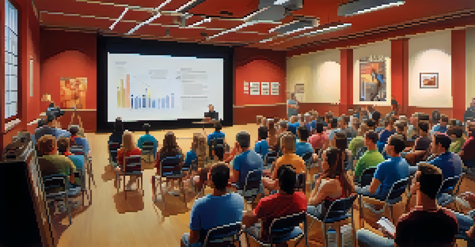 A former athlete speaking at a workshop about the dangers of doping, with an audience listening and taking notes.