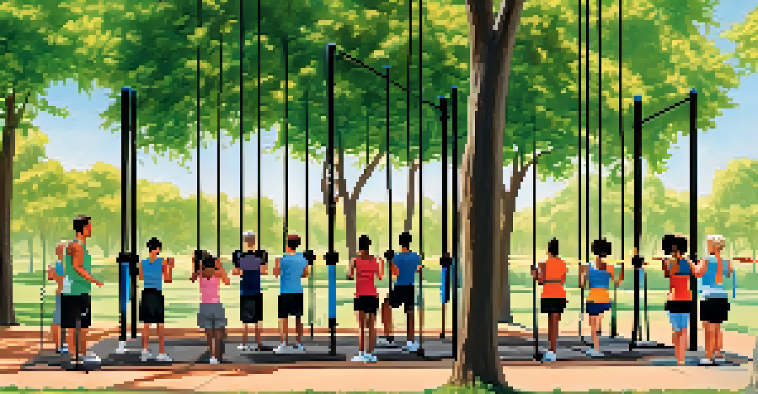 A group of diverse individuals exercising with adjustable resistance bands in a sunny park setting, surrounded by trees and a blue sky.