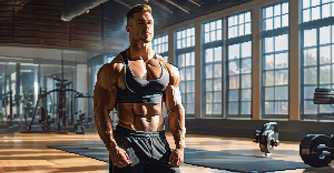 A bodybuilder in a gym looking confidently at themselves in the mirror, with motivational quotes on the wall and sunlight streaming in.