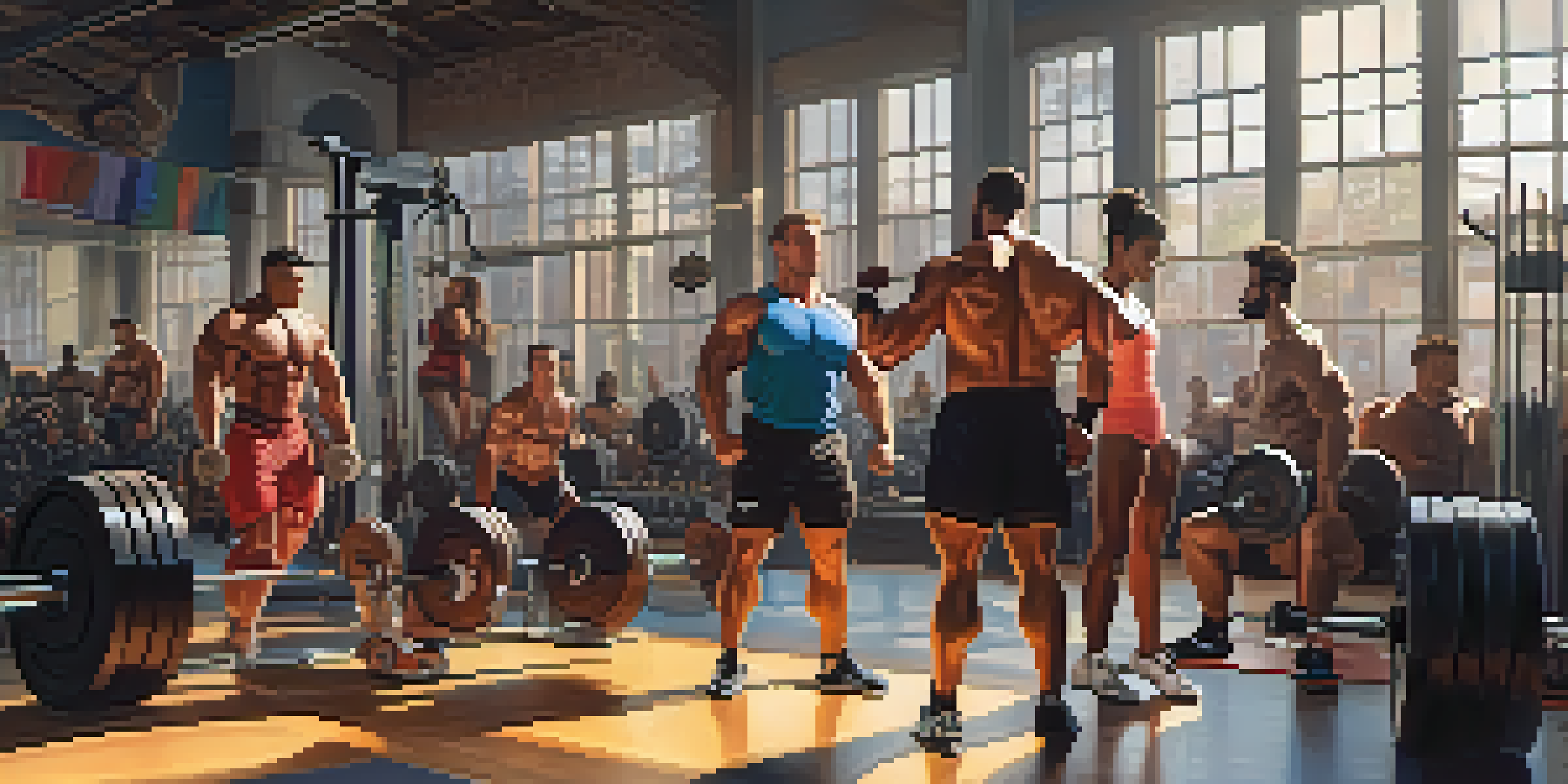 A diverse group of bodybuilders in a gym, with two friends helping each other lift weights and others exercising in the background.
