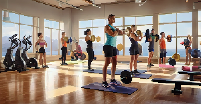 A fitness studio with diverse individuals lifting weights with perfect form, illuminated by soft morning light.