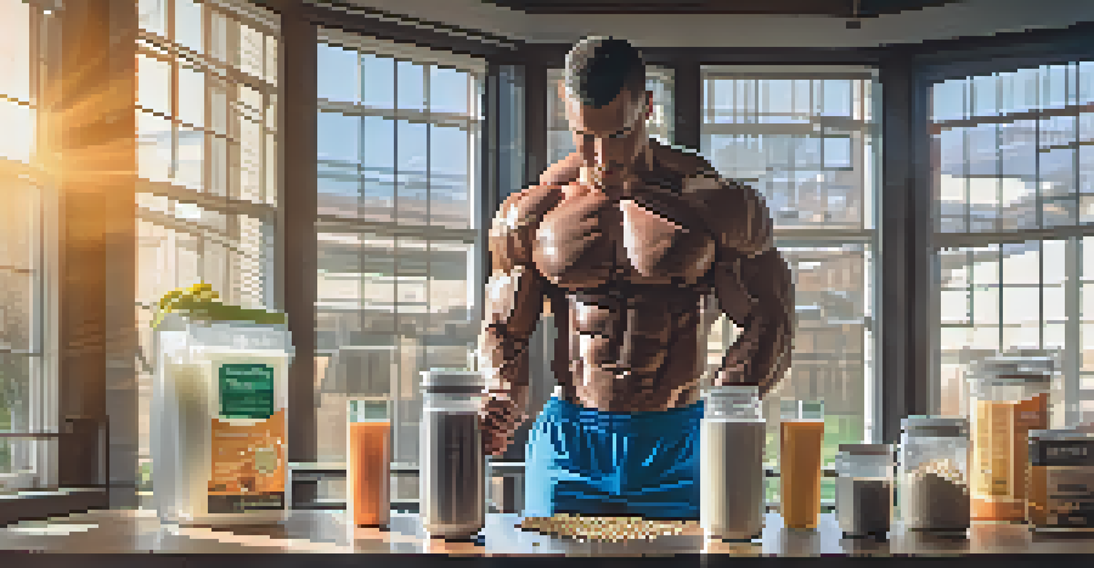 A bodybuilder in a bright gym making a plant-based protein shake with almond milk, hemp seeds, and a banana, surrounded by gym equipment and sunlight.