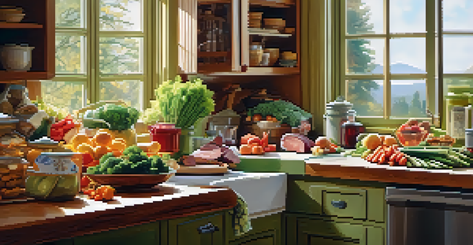 A kitchen filled with healthy food options such as lean meats, whole grains, and colorful vegetables arranged on a countertop with sunlight coming through a window.