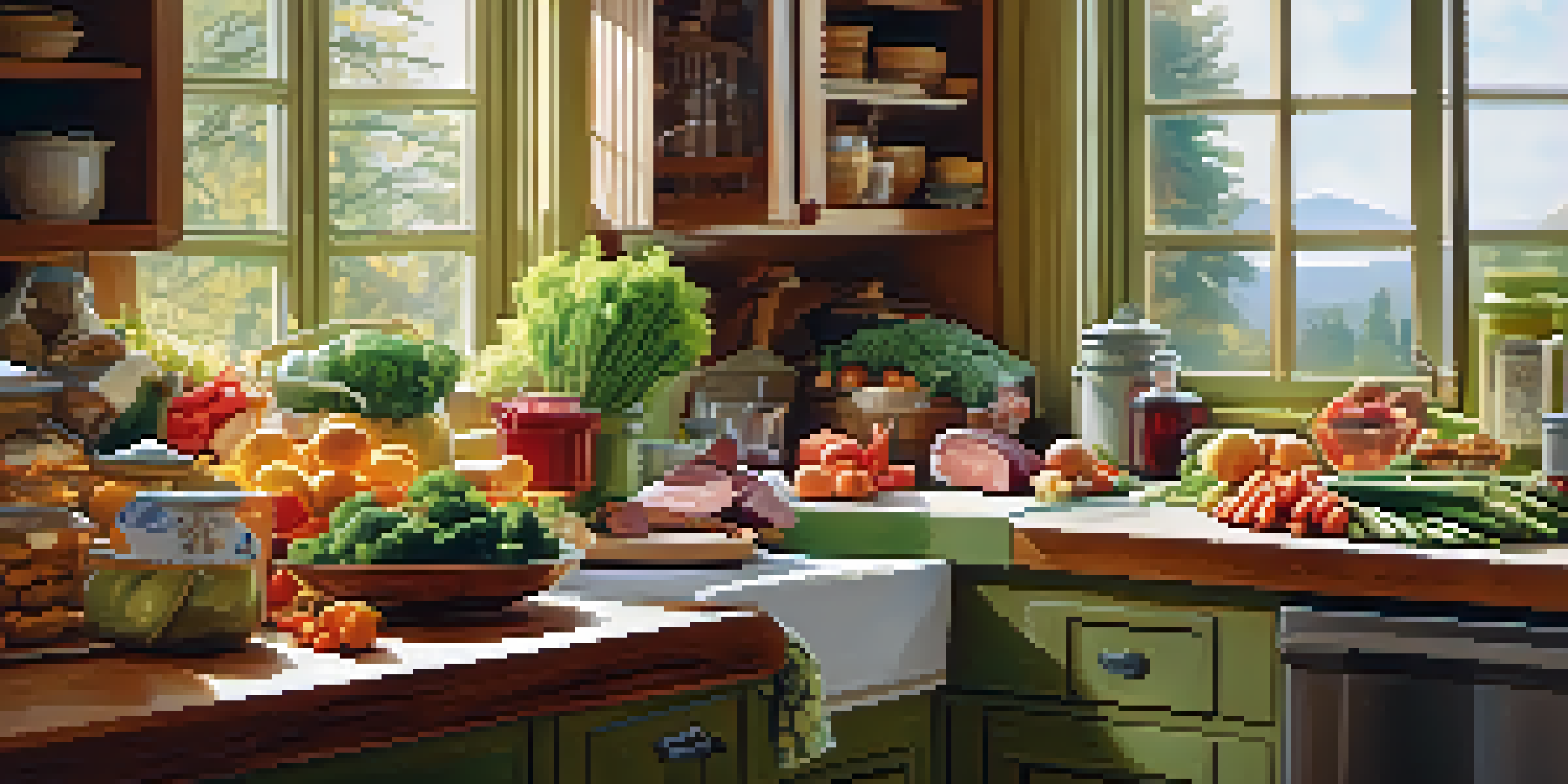 A kitchen filled with healthy food options such as lean meats, whole grains, and colorful vegetables arranged on a countertop with sunlight coming through a window.