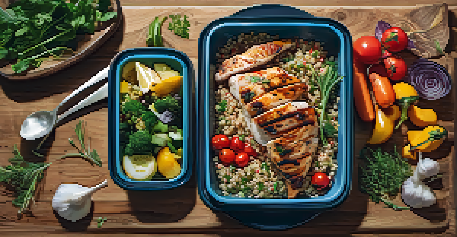 A close-up of a healthy meal prep with grilled chicken, quinoa, and vegetables, beautifully arranged on a wooden table.