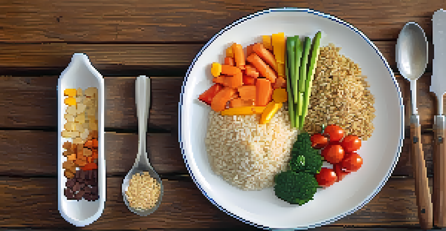 A balanced plate with lean protein, brown rice, and vegetables, displayed on a rustic table with measuring tools.