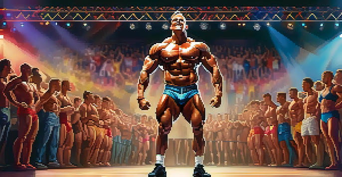 A bodybuilder posing on stage under bright lights, displaying well-defined muscles in front of an audience.