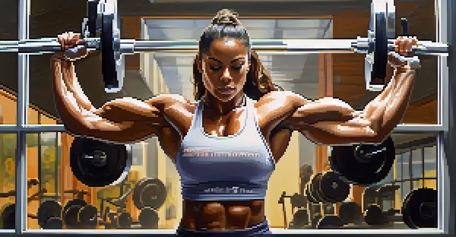 A female bodybuilder lifting weights in a modern gym with natural light streaming in, surrounded by motivational posters.