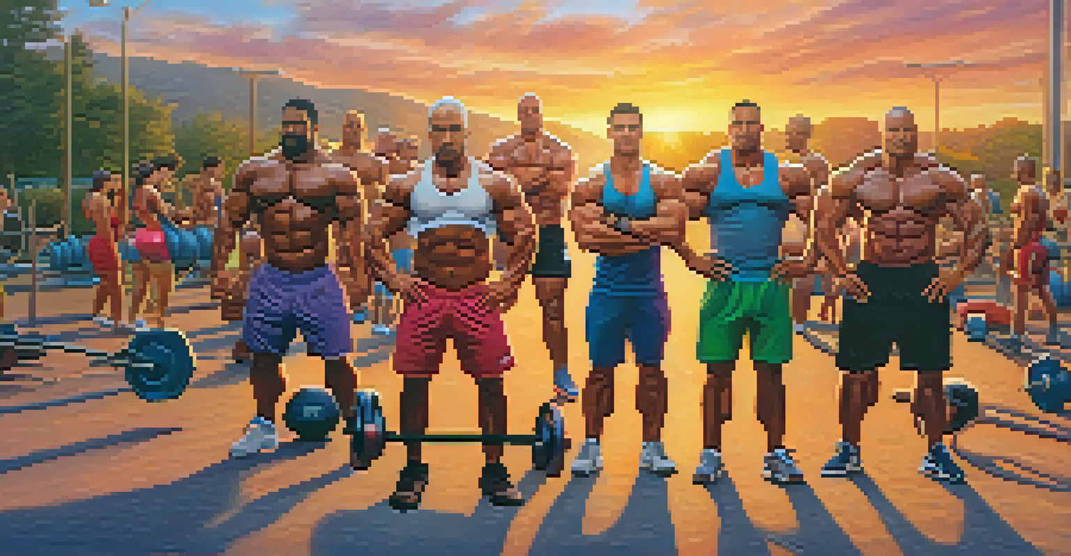 A diverse group of bodybuilders working out together outdoors during sunset, showcasing camaraderie and determination.