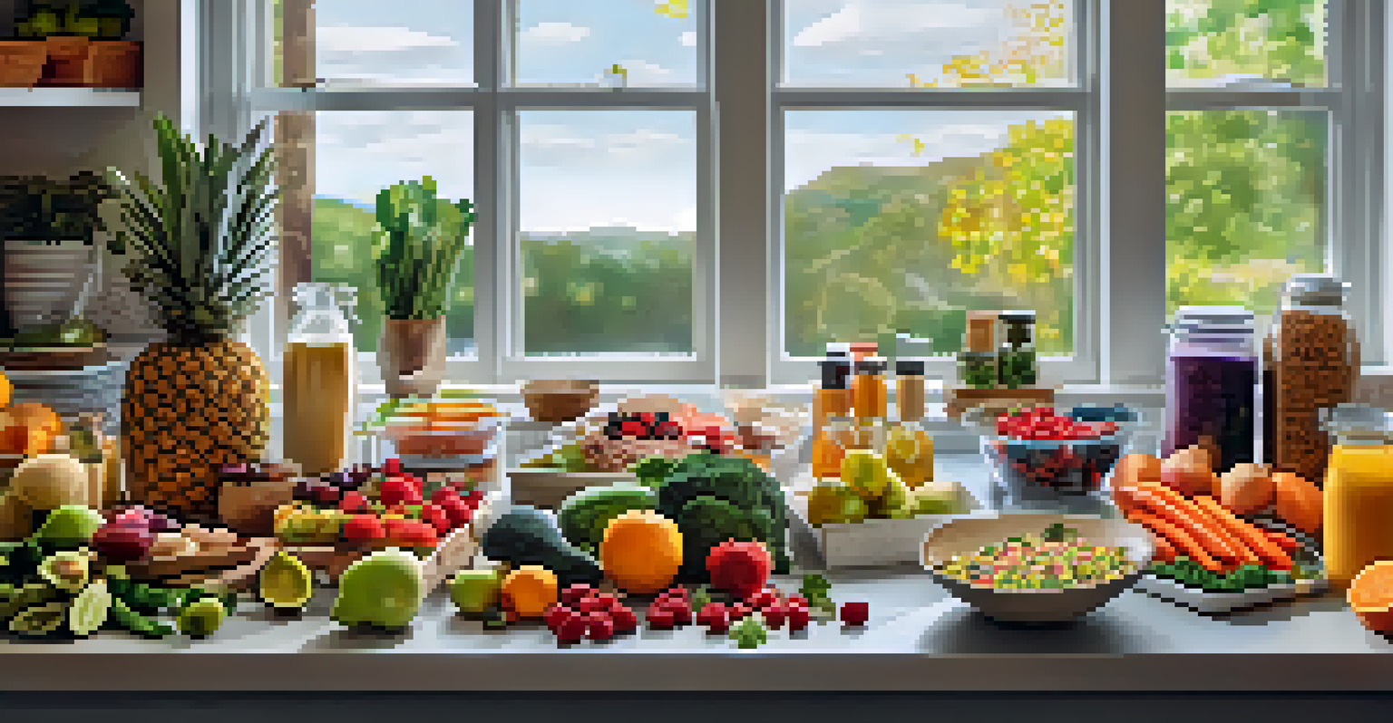 A kitchen countertop with healthy meal prep options for bodybuilders, including fruits, vegetables, and protein supplements.
