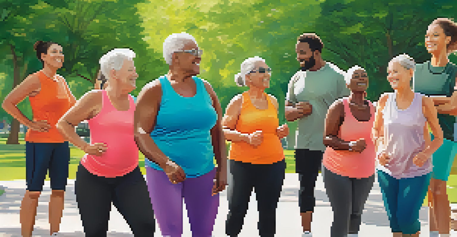 A diverse group of individuals exercising together outdoors in a park, showing community and support.