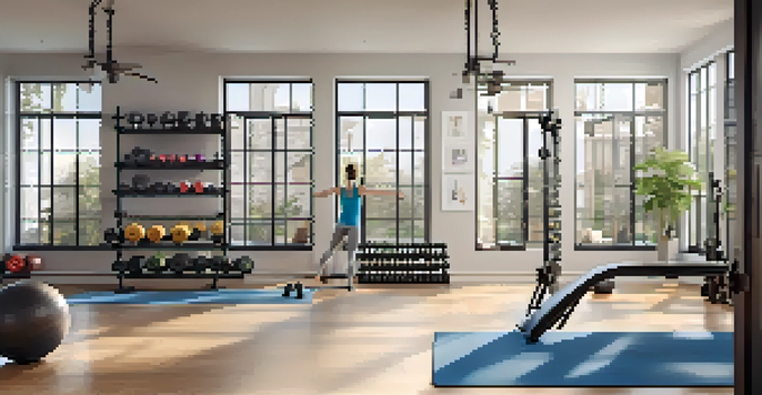 A bright home gym with various workout equipment, large windows, and a person stretching on a yoga mat.