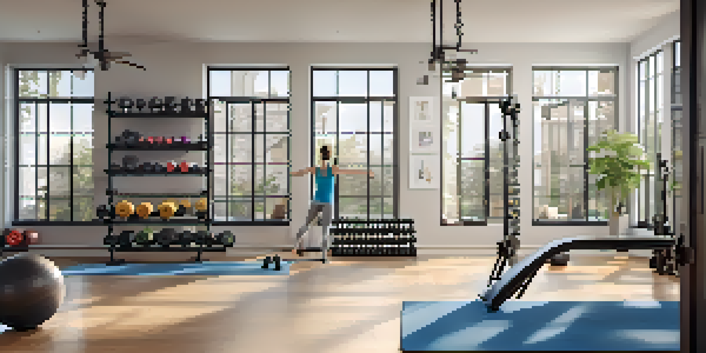A bright home gym with various workout equipment, large windows, and a person stretching on a yoga mat.