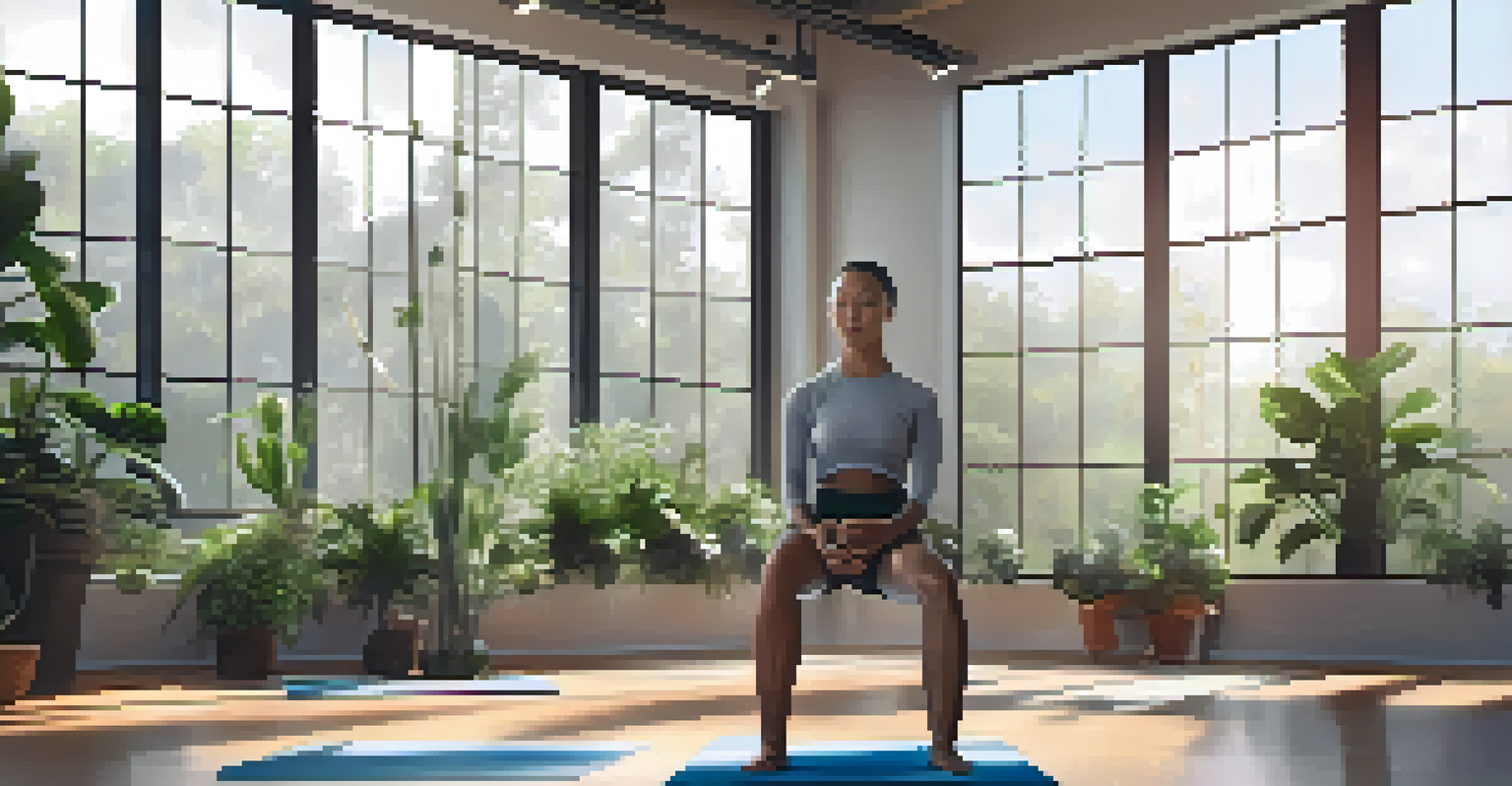A person meditating on a yoga mat in a bright gym, surrounded by plants and fitness equipment, capturing a moment of tranquility.