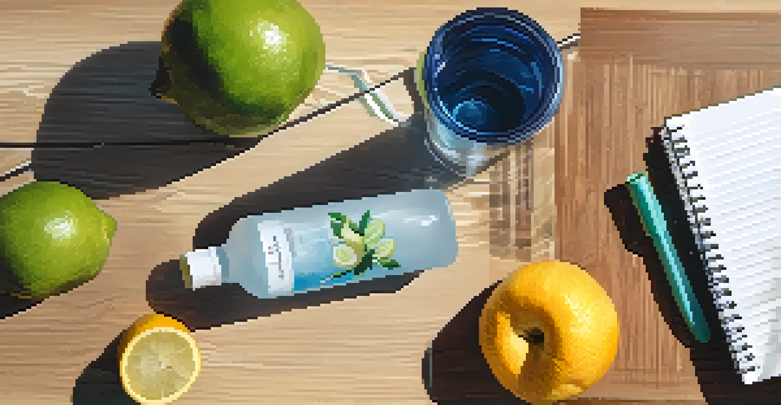 A flat lay of a water bottle, fruits, and a notebook with a pen on a wooden surface, illuminated by natural light.