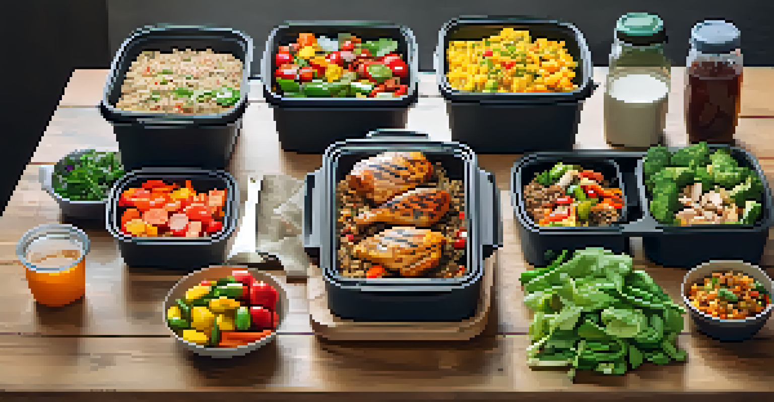 A vibrant meal prep setup with healthy food containers and a notebook on a wooden table.