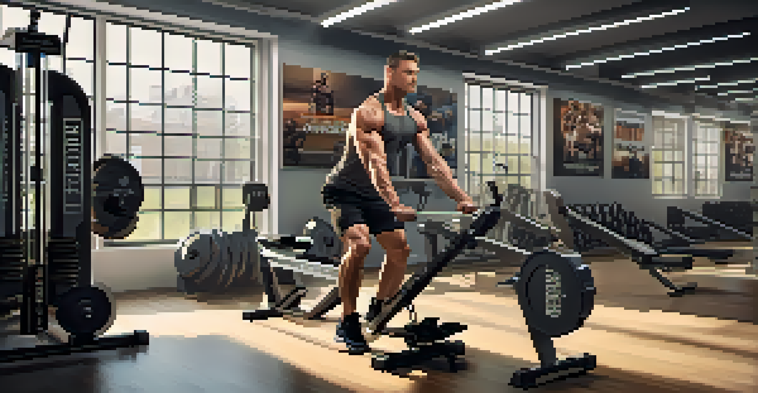 A bodybuilder using a rowing machine in a well-lit gym, with motivational posters and weights in the background.