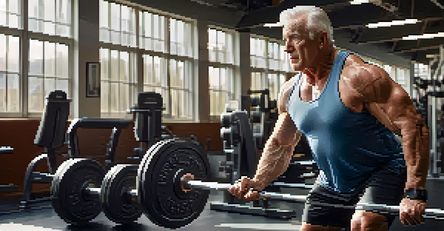 An older man lifting weights in a modern gym, filled with natural light, highlighting his muscular physique and determination.