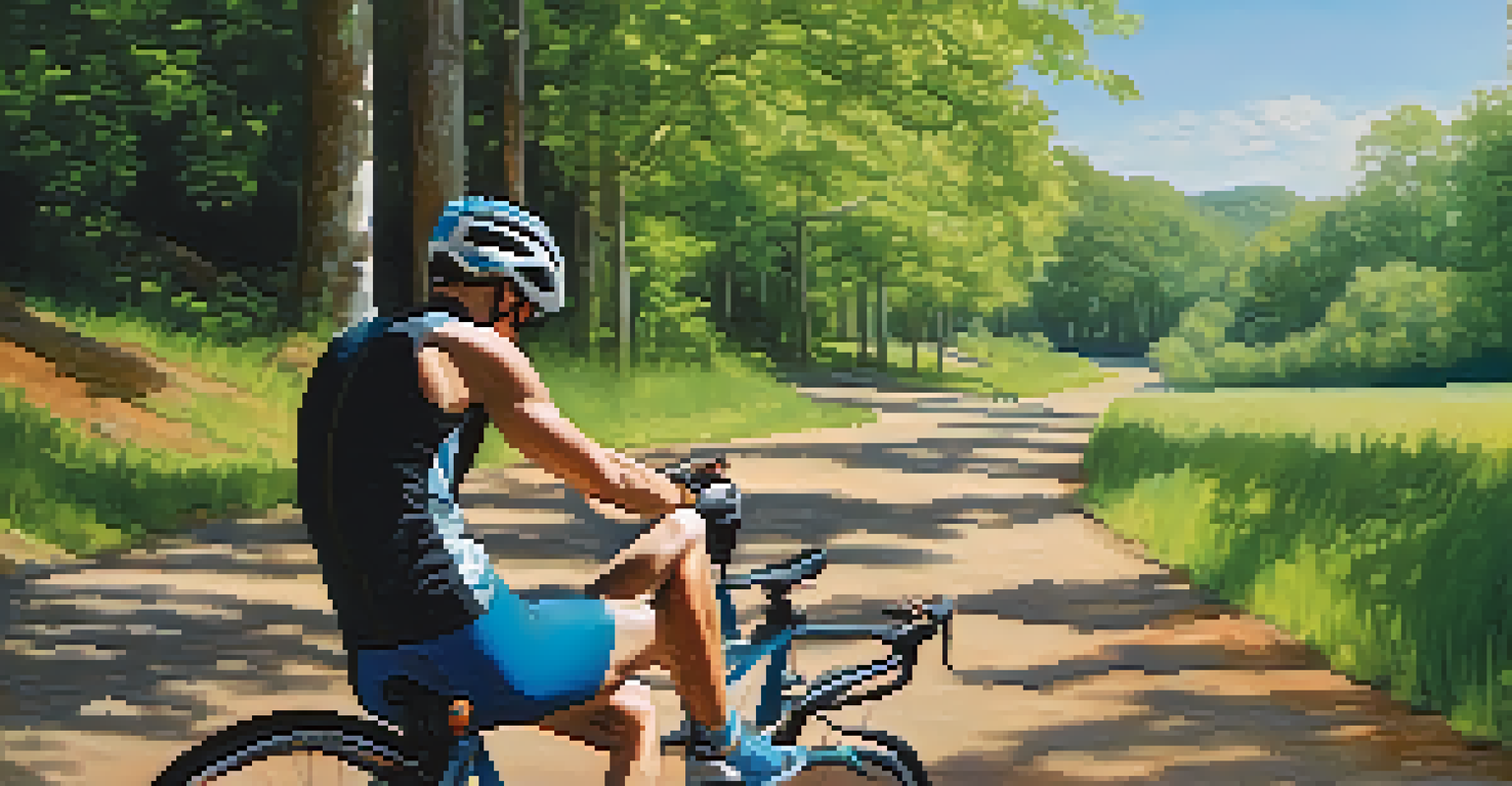 A cyclist resting on a trail, drinking water with a container of MCT oil attached, surrounded by nature.