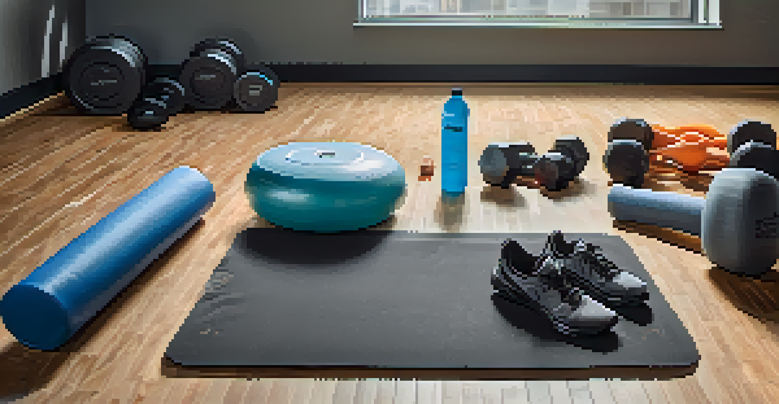 A collection of recovery tools on a gym floor, including foam rollers and massage equipment, highlighting their importance in muscle recovery.