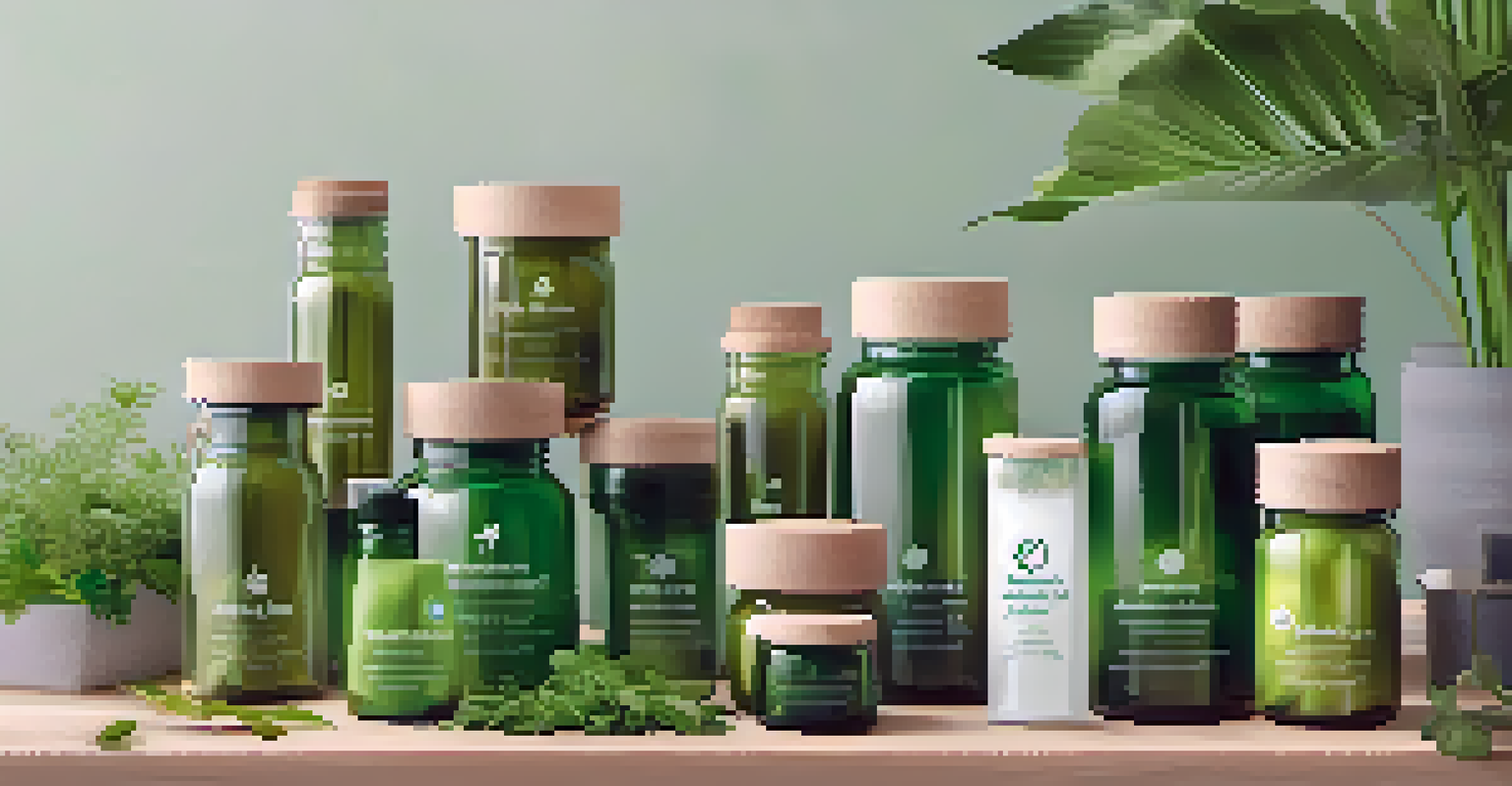 A variety of eco-friendly green supplement packaging including jars and pouches, arranged on a wooden table with green leaves.
