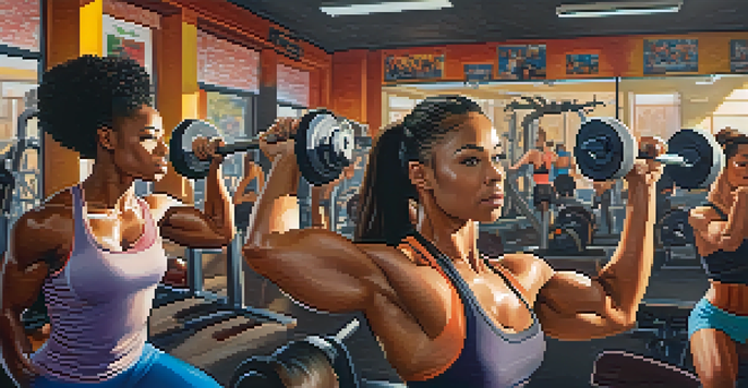A strong woman lifting weights in a brightly lit gym, surrounded by diverse bodybuilders and colorful exercise equipment.