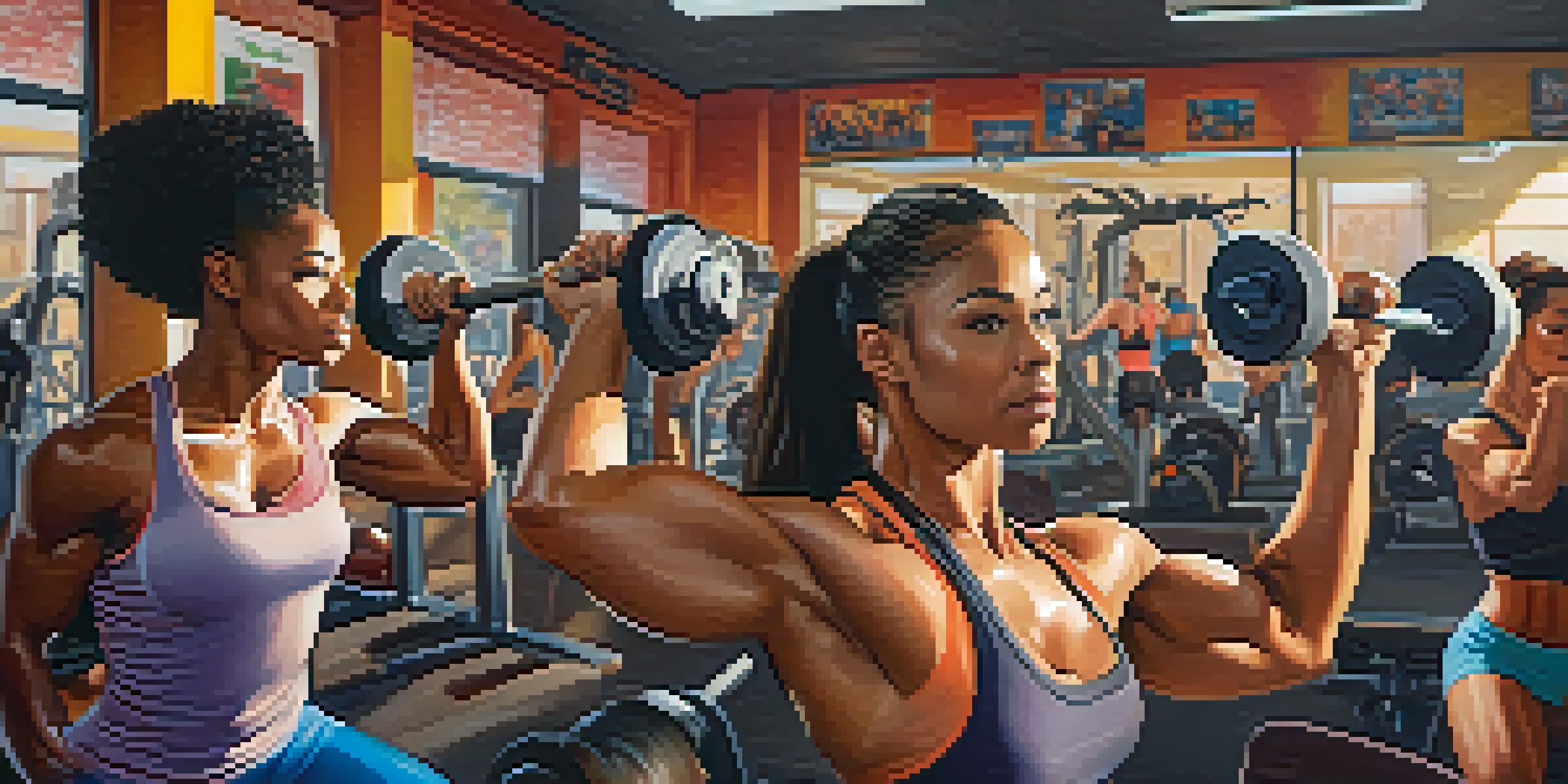 A strong woman lifting weights in a brightly lit gym, surrounded by diverse bodybuilders and colorful exercise equipment.