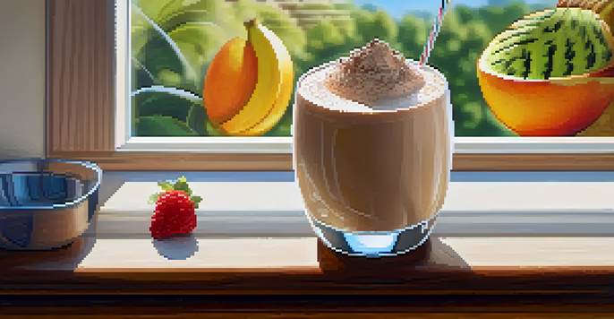A glass of creamy whey protein shake with cocoa powder on a wooden counter, surrounded by fruits and warm sunlight.