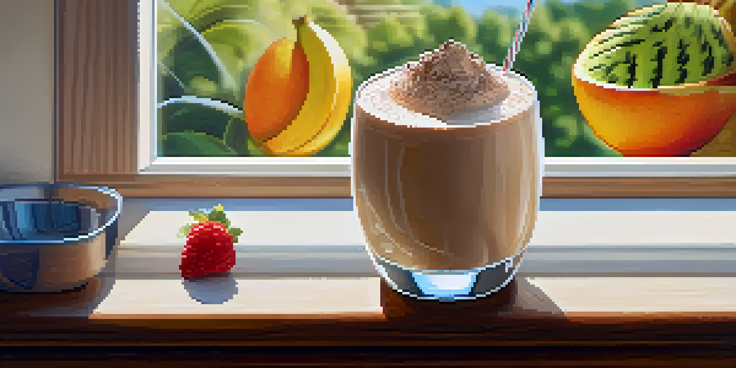 A glass of creamy whey protein shake with cocoa powder on a wooden counter, surrounded by fruits and warm sunlight.